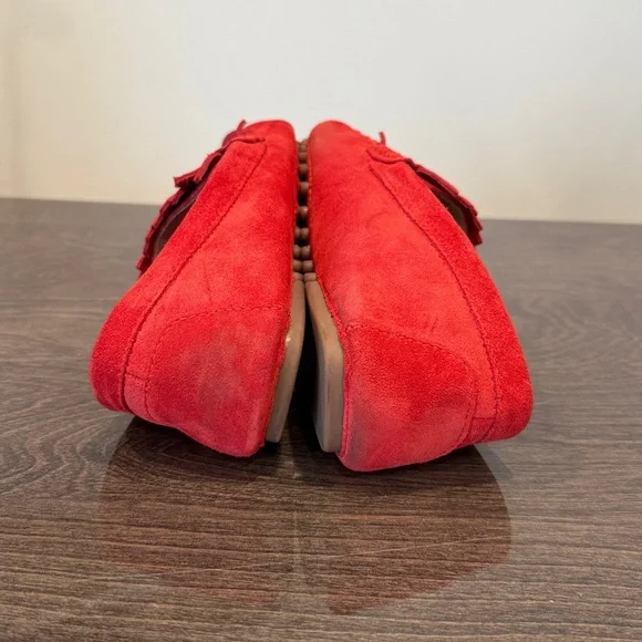 Tory Burch. Red Suede Loafers with dark blue.Gold metal Accent . Authentic - Picture 8 of 12